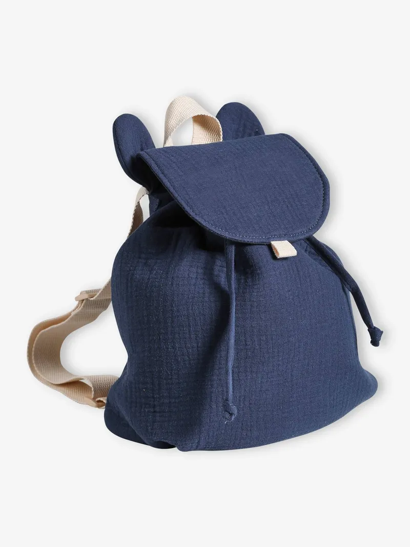 Vertbaudet Kinder Kita-Rucksack aus Musselin mit Ohren, Nachtblau, – Produktbild 4 von 4
