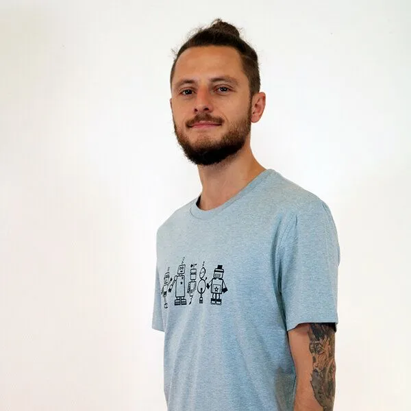 Spangeltangel Spangeltangel T-Shirt "Roboter", Herrenshirt, bedruckt, Handsiebdruck, Hellblau, – Produktbild 2 von 3