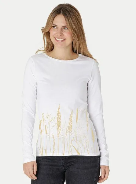 Peaces.bio - handbedruckte Biomode Peaces.bio - handbedruckte Biomode Bio-Damen-Langarmshirt Gräservielfalt, Weiss, – Produktbild 1 von 2