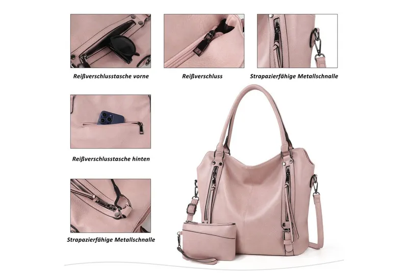 TANTOMI Handtasche Damen Schultertasche Groß Shopper Vegan Handtasche, Handtaschen Umhängetasche Geldbörse Damen Taschen 2-Tlg, Rosa, – Produktbild 4 von 5