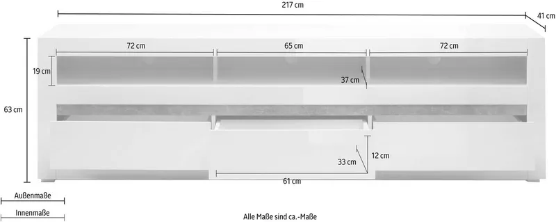 Home affaire Lowboard Carat, Breite 217 cm, Zierleiste 1x betonfarben und 1x weiß, Weiß, – Produktbild 5 von 5