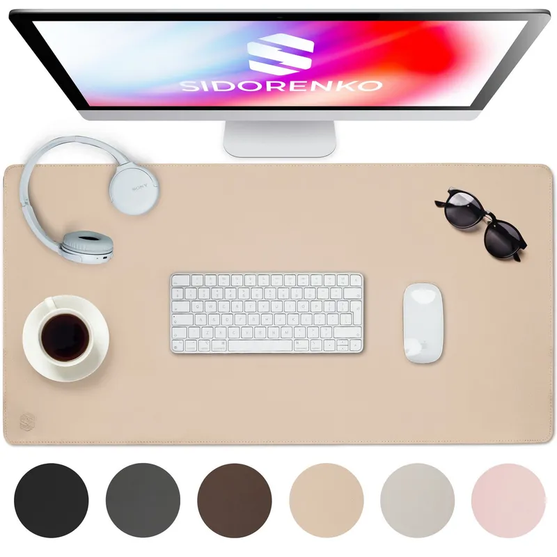 MAXLVL Gaming Mauspad Schreibtischunterlage - Mauspad mit Vernähte Kanten - abwaschbar (in 80x40 cm / 60x35 cm, Schreibtisch Unterlage für Büro), Tischunterlage Schreibtisch aus PU-Leder, Beige, – Produktbild 1 von 5