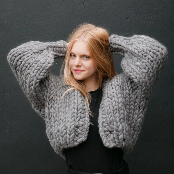 PANAPUFA PANAPUFA 100% Merino Chunky wolle Strickjacke, Melange grau, – Produktbild 1 von 2