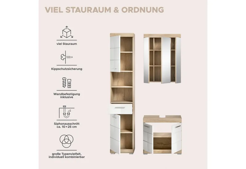 welltime Badmöbel-Set SIENA, 3 teilig, bestehend aus:, (Set, 3-St., TOPSELLER), Hochschrank, Waschbeckenunterschrank, Spiegelschrank, Weiß, – Produktbild 4 von 4