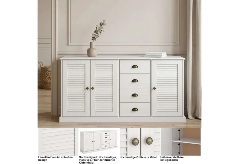 OTTO home Sideboard Turia, mit Lamellentüren, Kommode aus massivem Kiefernholz, FSC®, 4 Schubkasten, Breite 166 cm, Weiß, – Produktbild 3 von 5