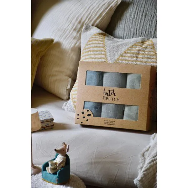 Hutch&Putch Hutch&Putch 3er-Set Musselin-Mulltuch aus Bio-Baumwolle in 60x60cm • einfarbige Mulltücher, Graublau/anthrazit/salbeigrün, – Produktbild 4 von 4