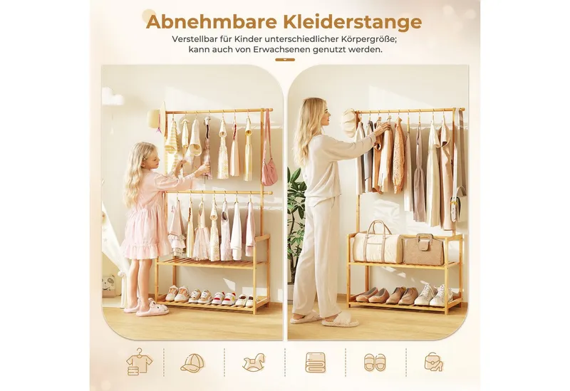 OUNUO Garderobenständer Garderobe Kleiderständer Bambus mit 2 Ablagen für Kinder – Produktbild 5 von 5