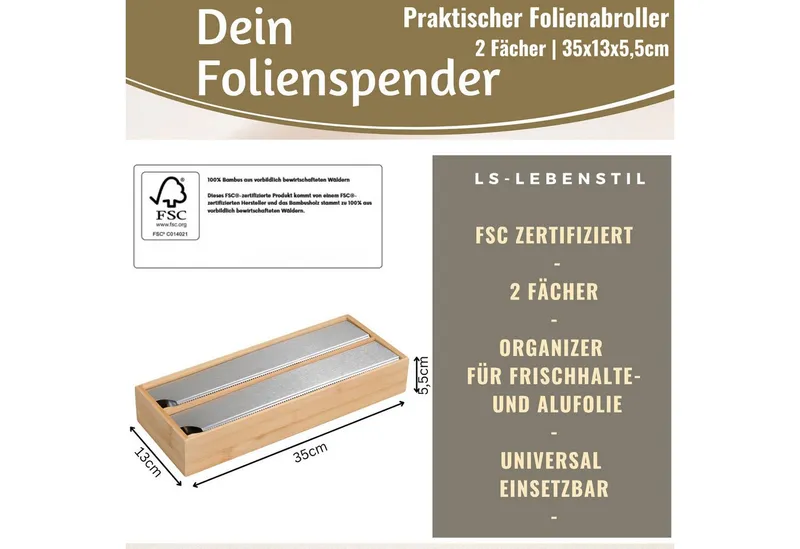 LS-LebenStil Folienspender 2-fach Holz Bambus Schubladen Alufolienspender Folienschneider 35x13cm, (für Schubladen ideal, Abroller Alufolienspender Alufolien-Spender, 1-St., Folienabroller passend für Alufolie Frischhaltefolie), FSC zertifiziert, Braun, – Produktbild 1 von 5