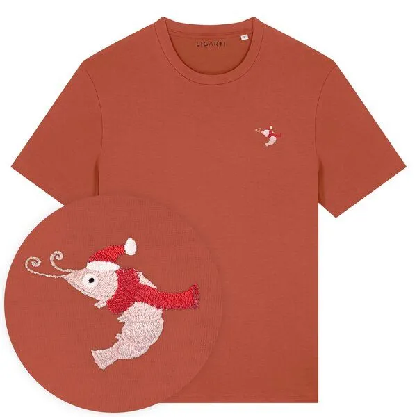 LIGARTI Besticktes T-Shirt – Jean-Luc die Weihnachtsgarnele – LIGARTI Tiermanufaktur, Terracotta, – Produktbild 1 von 3