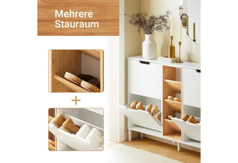 SoBuy Schuhschrank FSR183, Schuhschrank schmal, Flurschrank mit zusätzlichen Fächern Schuhschrank Schuhkipper mit 4 Klappen Schuhregal Schuhkommode, Weiß, – Produktbild 4 von 5