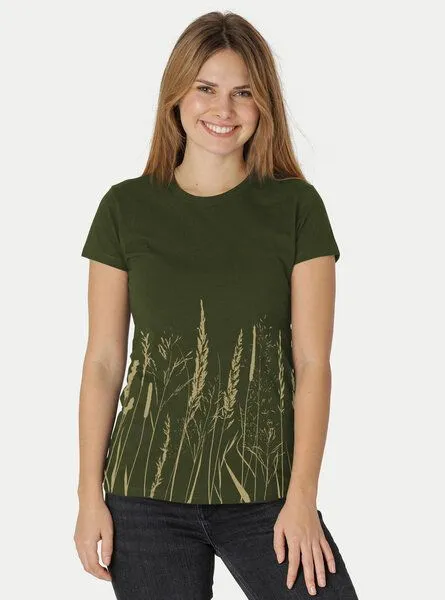Peaces.bio - handbedruckte Biomode Peaces.bio - handbedruckte Biomode Damen Fit T-Shirt Gräservielfalt, Waldgrün, – Produktbild 2 von 2