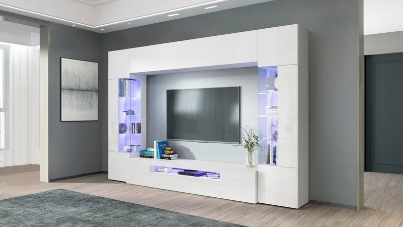 OTTO home Wohnwand New Egypt, (4-St., Breite 290cm), bestehend aus 2 Stauraumvitrinen, 1 Lowboard, 1 Hängeschrank, Weiß, – Produktbild 3 von 5