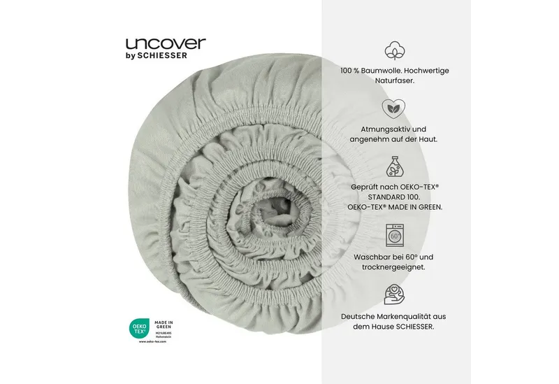 uncover by SCHIESSER Spannbettlaken New Jersey aus 100% Baumwolle, Jersey, Gummizug: rundum, (1 Stück), OEKO-TEX® MADE IN GREEN, Silberfarben, – Produktbild 2 von 5