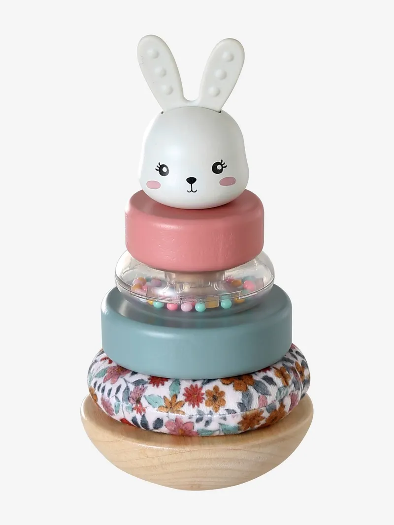 Vertbaudet Baby Stapelturm HASE RETRO FLOWER mit Holz FSC®, Weiß, – Produktbild 2 von 4