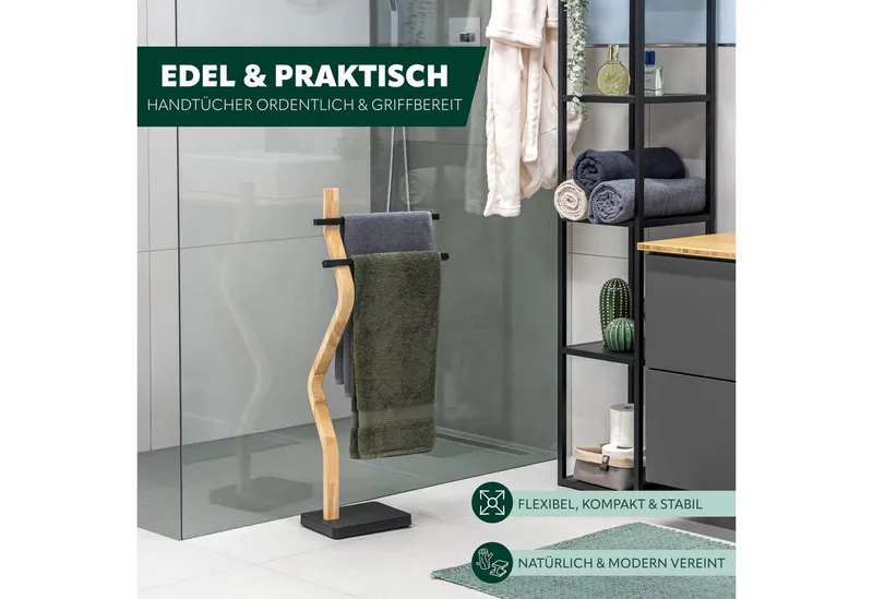 eluno Handtuchständer freistehend, 2 Stangen FSC-Holz und schwarzem Metall, Schwarz, – Produktbild 2 von 5