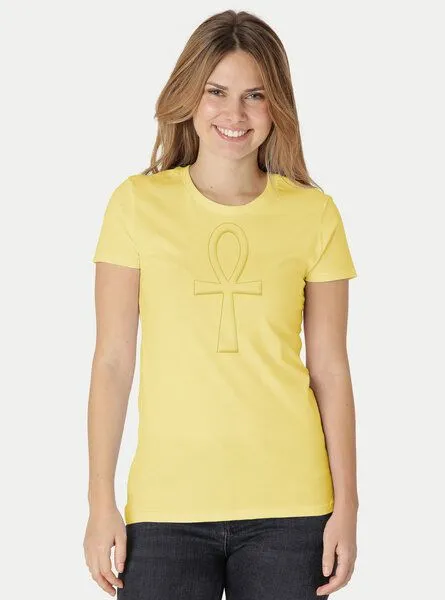 Peaces.bio - handbedruckte Biomode Peaces.bio - handbedruckte Biomode Damen Fit T-Shirt Ankh, Hellgelb, – Produktbild 2 von 2