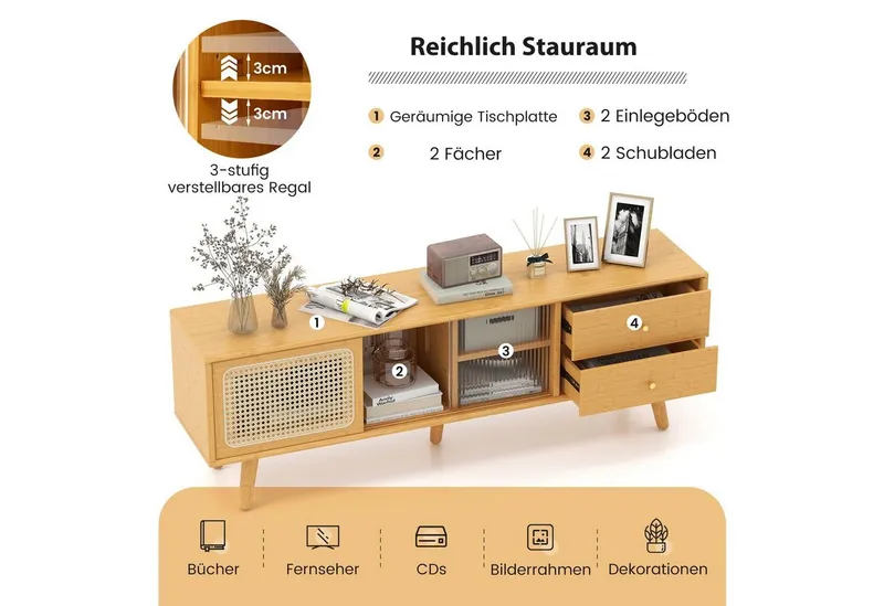 COSTWAY COSTWAY TV-Schrank mit 2 Schiebetüren, Glas und Bambus 2 Schubladen 140cm, Beige, – Produktbild 3 von 5