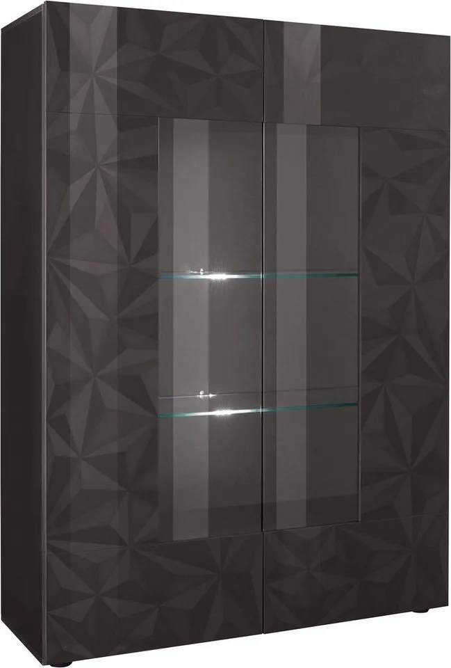 Home affaire Vitrine Prisma Höhe 166 cm, Breite 121 cm, Stauraumvitrine mit 2 Türen, Standvitrine - Front mit elegantem Siebdruck, grifflos, viel Stauraum, Grau, – Produktbild 3 von 5