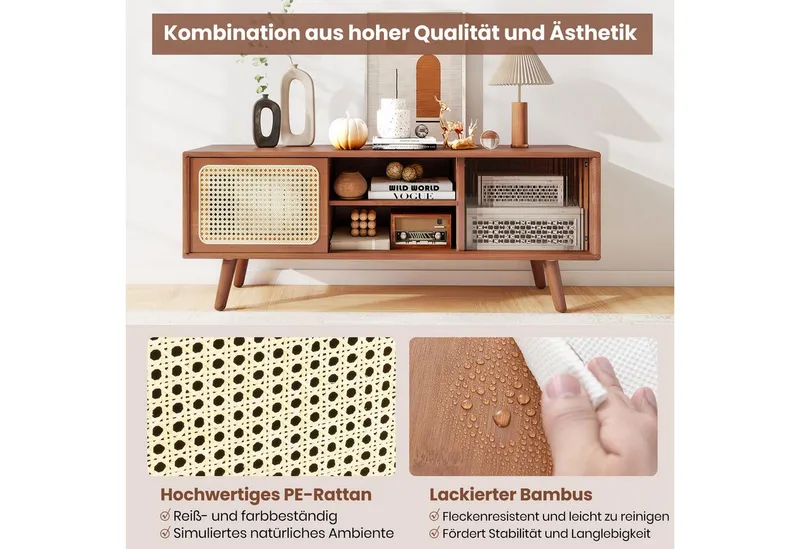 COSTWAY COSTWAY TV-Schrank mit 2 Schiebetüren, Glas und Bambus TV Ständer, Braun, – Produktbild 3 von 5