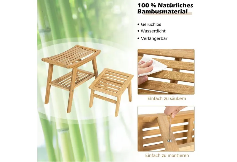 COSTWAY COSTWAY Duschhocker, belastbar bis 150 kg, mit Fußhocker, Fach, Bambus, Beige, – Produktbild 3 von 5