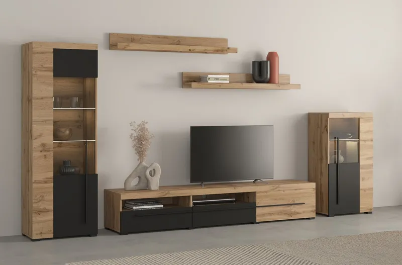 OTTO home Wohnwand Roger,Breite 270 cm moderne Mediawand ohne Beleuchtung, (Set, 5-St), Anbuwand (Set,5-St) viel Stauraum, Vitrinen mit Glastür, Beige|schwarz, – Produktbild 1 von 5
