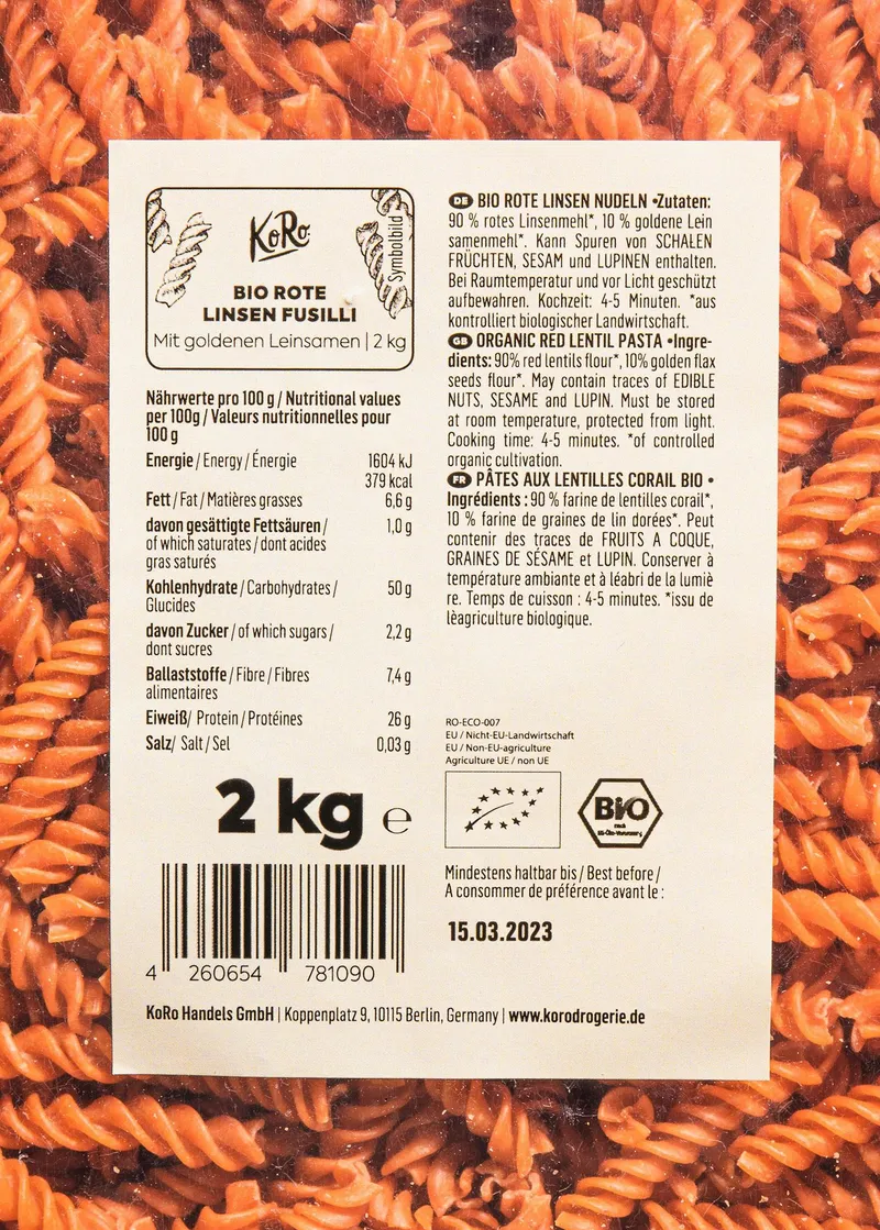 KoRo Bio Fusilli aus roten Linsen 2 kg – Produktbild 4 von 5