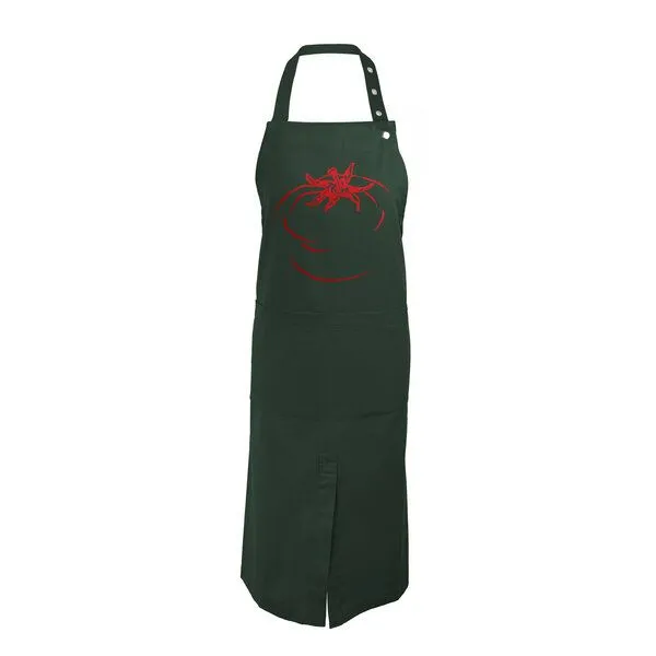 HANDGEDRUCKT HANDGEDRUCKT "Tomate" Schürze lang mit Schlitz aus zertifizierter Bio Baumwolle, Dark green, – Produktbild 1 von 3