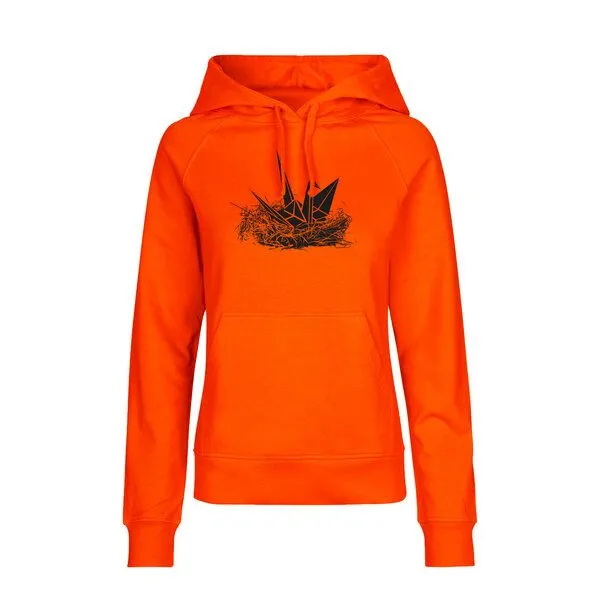 HANDGEDRUCKT HANDGEDRUCKT "Origami-Kranich" Frauen HOODY aus reiner Biobaumwolle (kbA), Orange, – Produktbild 1 von 4