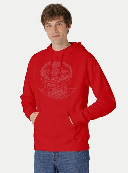 Peaces.bio - handbedruckte Biomode Peaces.bio - handbedruckte Biomode Bio-Herren-Kapuzensweater "Weltenesche", Rot, – Produktbild 1 von 2