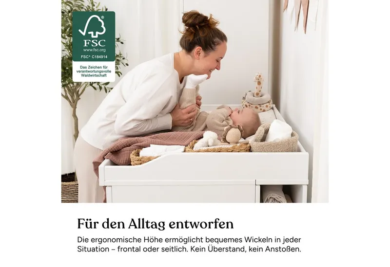 Ehrenkind Wickelkommode Linia mit abnehmbarem Wickelaufsatz aus Kiefer, 3 Schubladen + Regal, made in Europe, Weiß, – Produktbild 4 von 5