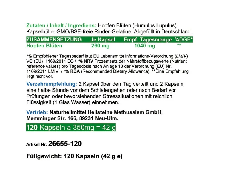 VitalLeben Hopfen naturreine Hopfenblüten zur Entspannung - Ohne Zusatzstoffe - Kapseln, 1 er Dose à 120 St., 42 g, Art. 26655-120 – Produktbild 5 von 5