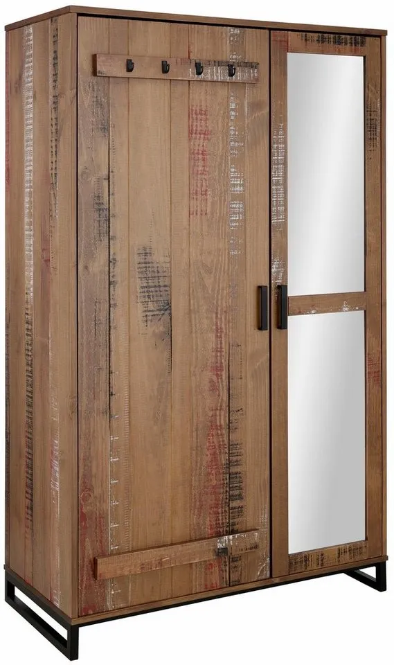 OTTO home Garderobenschrank Santos Kleiderschrank mit 2 Türen, eine davon mit einer Spiegelfront 1 Türfront mit Haken & 1 Spiegeltür, Untergestell & Griffe aus Metall, Braun|bunt, – Produktbild 2 von 5
