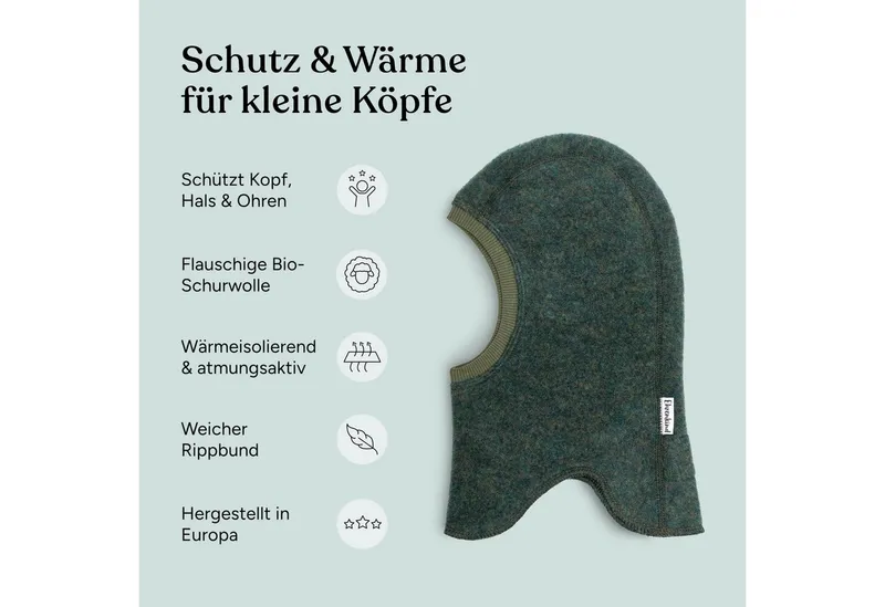 Ehrenkind Schlupfmütze Kinder aus Merino-Wollfleece (Schlupfmütze mit Hals- und Ohrenschutz) Wärmender Rundumschutz, Jade, – Produktbild 3 von 5