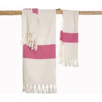 HängemattenGlück HängemattenGlück Hamamtuch/Strandtuch, handgewebt, flauschig, Bio-Baumwolle, GOTS-zertifiziert, 100x180cm, Weiß pink, – Produktbild 1 von 1