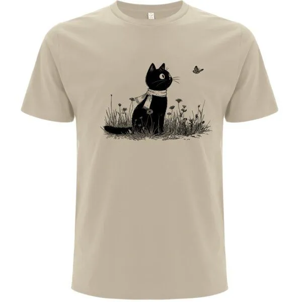 Spreecult Spreecult Katze und Schmetterling - Bio und Fair - Männer Unisex T-Shirt - Butterfly Cat, Natural (weiß), – Produktbild 1 von 2