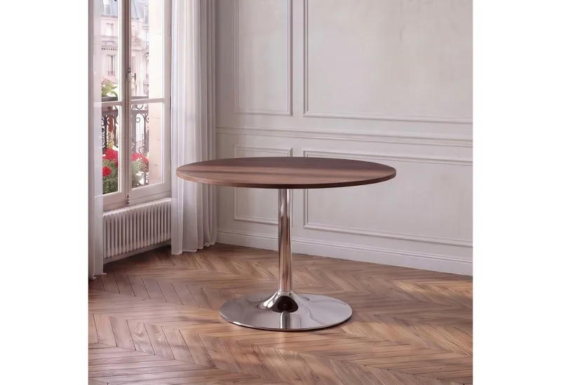 OTTO home Esstisch Trompet, rund, Ø110 cm, Tischplatte Hochglanz oder Holzoptik, Trompetenfuß, Braun, – Produktbild 3 von 4