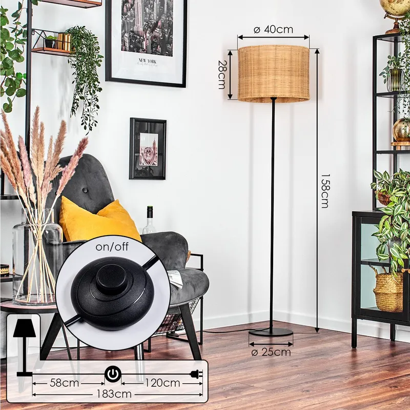 hofstein Stehlampe Stehlampe aus Metall/Bambus in Schwarz/Natur, ohne Leuchtmittel, mit rundem Schirm (40 cm) u. Fußschalter, 1 x E27, ohne Leuchtmittel, Beige, – Produktbild 1 von 5