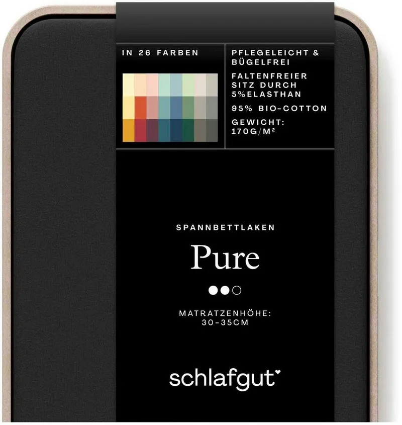 Schlafgut Schlafgut Spannbettlaken PURE Bio-Baumwolle mit Elasthan, 170 g/m², Bettlaken, Spannbetttuch, Jersey, Gummizug: rundum, (1 Stück), PREMIUM Laken für Matratzen bis 30cm Höhe, dehnbar blickdicht, straff, Schwarz, – Produktbild 5 von 5