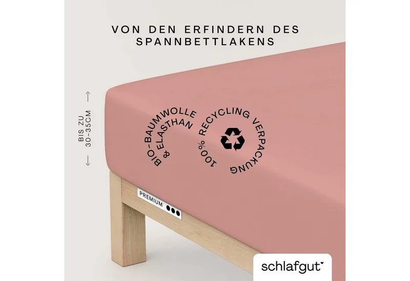 Schlafgut Schlafgut Spannbettlaken PREMIUM Mako-Zwirn-Jersey, 220 g/m², 95% Bio-Baumwolle, 5% Elasthan, Mako-Zwirn-Jersey, Gummizug: rundum, (1 Stück), Bettlaken bis 30 cm Höhe, PREMIUM-Qualität langlebig, perfekter Sitz, Lila, – Produktbild 2 von 5