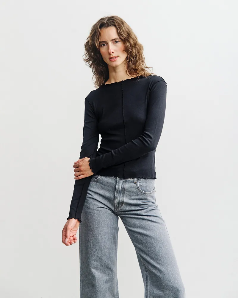 Rotholz Rotholz Damen vegan Schwarzes Langarmshirt Mit Biesen, Schwarz, – Produktbild 1 von 2
