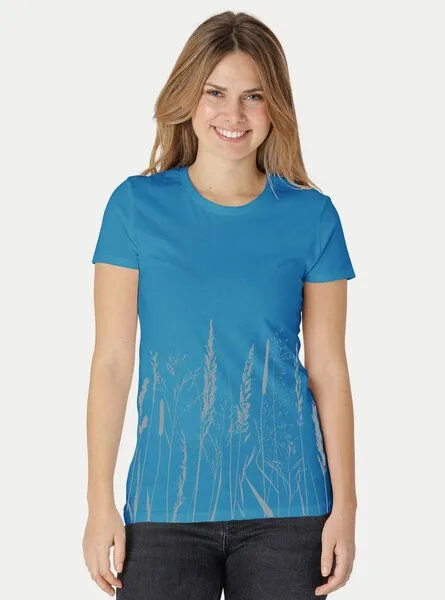 Peaces.bio - handbedruckte Biomode Peaces.bio - handbedruckte Biomode Damen Fit T-Shirt Gräservielfalt, Türkis, – Produktbild 2 von 2