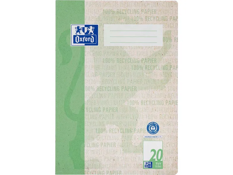OXFORD OXFORD Recycling-Schulheft DIN A4, 16 Blatt, Lineatur 20 (blanko), 90 g/m² – Produktbild 1 von 1