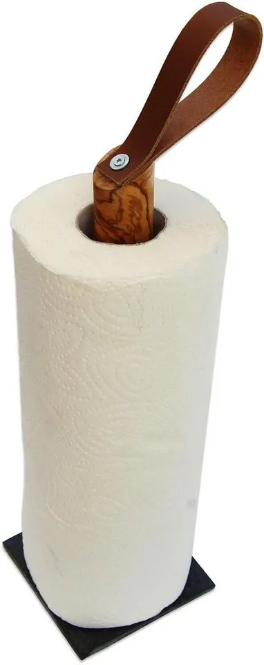 Olivenholz erleben Olivenholz erleben Küchenrollenhalter GALAXY aus Olivenholz mit Schieferfuß, (1-St), Olivenholz mit Schieferplatte als Fuß, Lederschlaufe als Griff, Goldfarben, – Produktbild 2 von 2