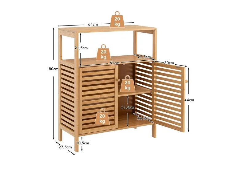 COSTWAY COSTWAY Badkommode, Bambus,abnehmbares Regal,Lamellentüren, 64x27,5x80cm, Beige, – Produktbild 5 von 5
