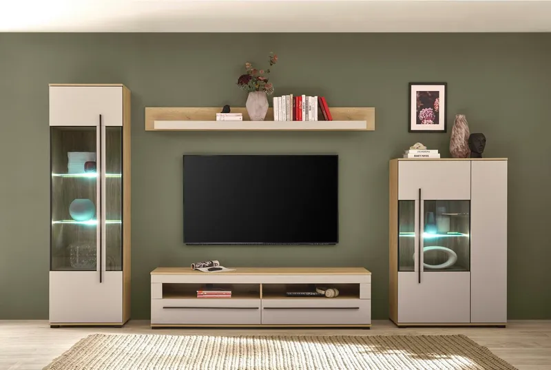 Home affaire Wohnwand Cantara, Anbauwand, Wohnzimmer-Set, in Eiche Evoke, Weiß oder Kaschmir, (Set, 4-St), enthält zwei Vitrinen, ein Lowboard und ein Wandboard, Braun, – Produktbild 4 von 8