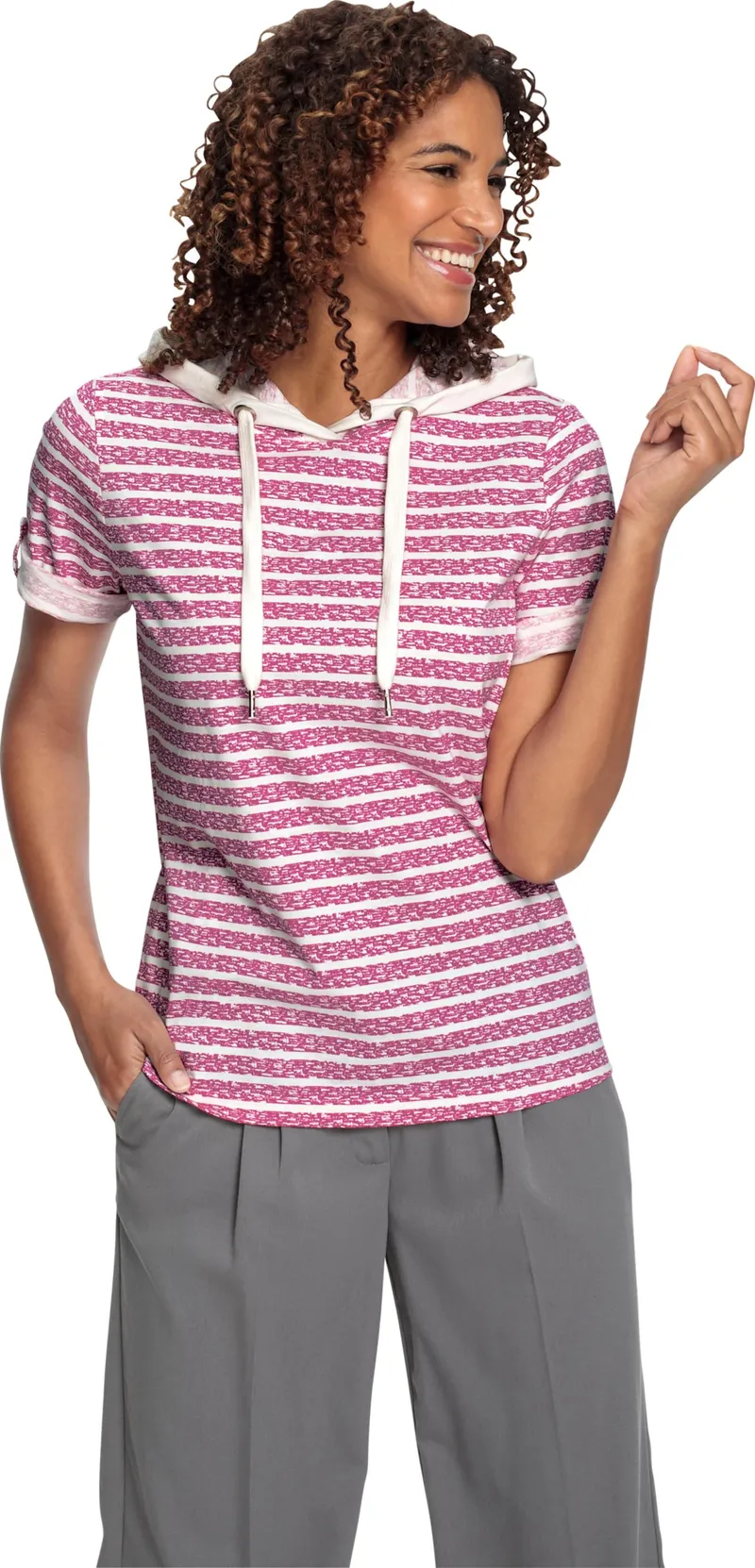 Witt Kapuzenshirt magenta-ecru-geringelt, Magenta-ecru-geringelt, – Produktbild 2 von 2