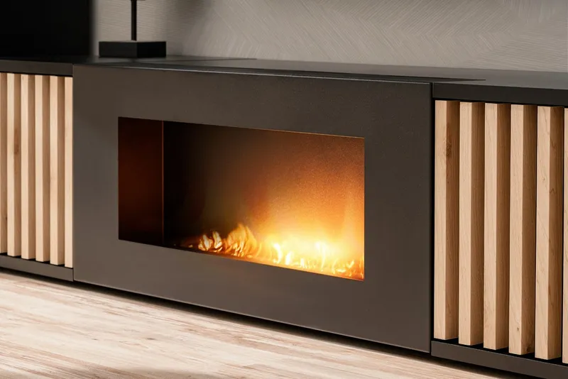Furn.Design Wohnwand Morgan, (in schwarz matt mit Eiche Lamellen, 4-St., integrierter Kamin), Push-to-Open Funktion, inkl. Beleuchtung, Schwarz, – Produktbild 3 von 5