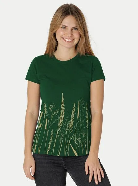 Peaces.bio - handbedruckte Biomode Peaces.bio - handbedruckte Biomode Damen Fit T-Shirt Gräservielfalt, Flaschengrün, – Produktbild 2 von 2