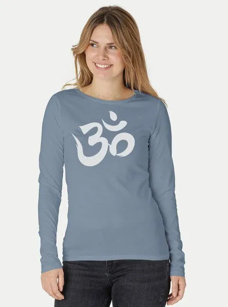 Peaces.bio - handbedruckte Biomode Peaces.bio - handbedruckte Biomode Bio-Damen-Langarmshirt "OM", Blaugrau, – Produktbild 2 von 3