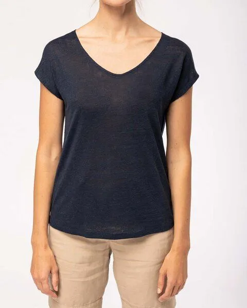YTWOO YTWOO Damen-T-Shirt aus Leinen mit V-Ausschnitt, Vintage weiß, – Produktbild 2 von 3